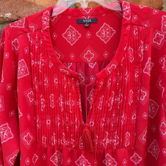 NYDJ Red Printed Pintuck Peasant Blouse  L - Picture 4 of 7